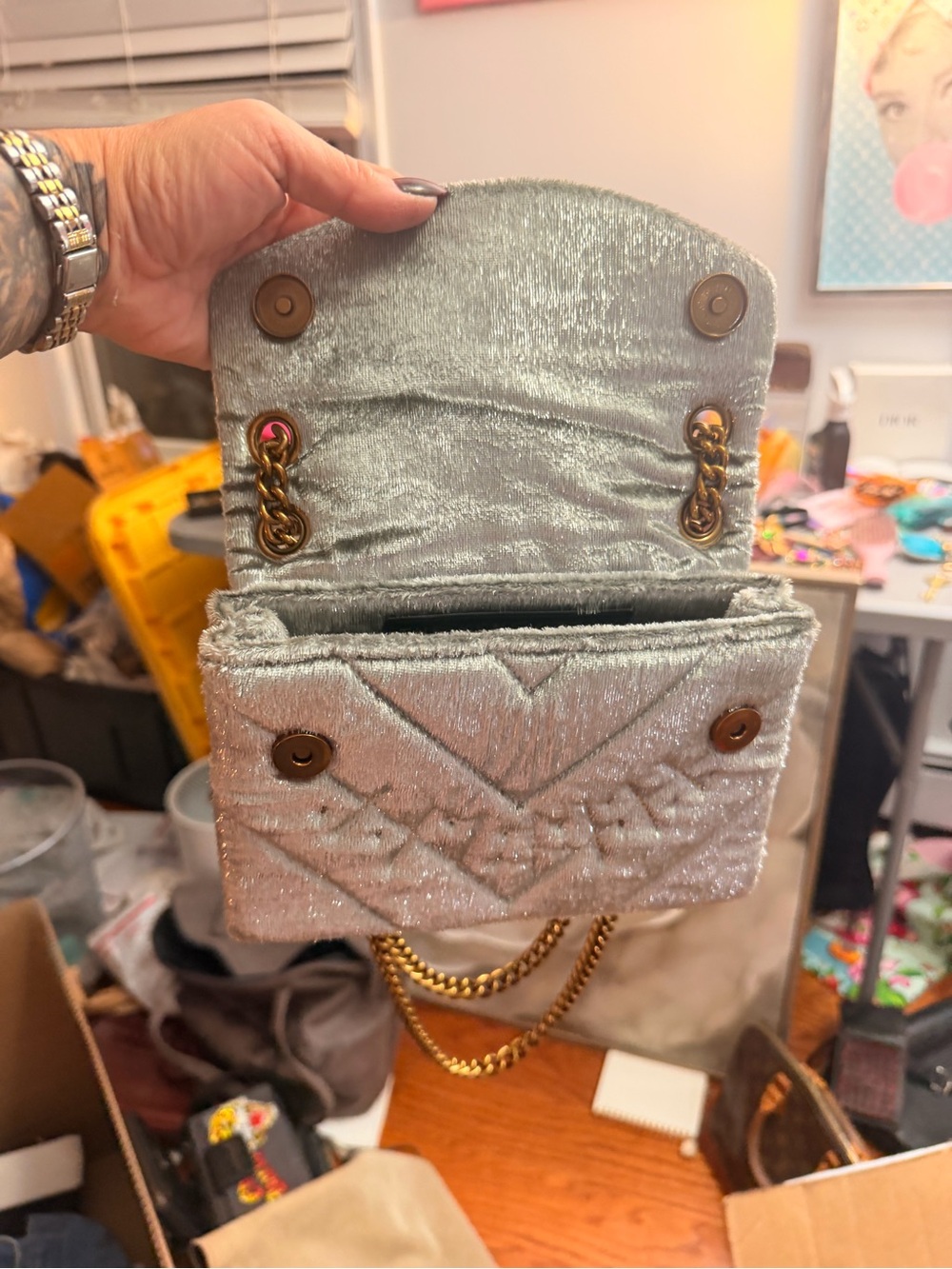Kurt Geiger Silver Quilted Mini Crossbody with Embroidered Eye - Picture 2 of 7